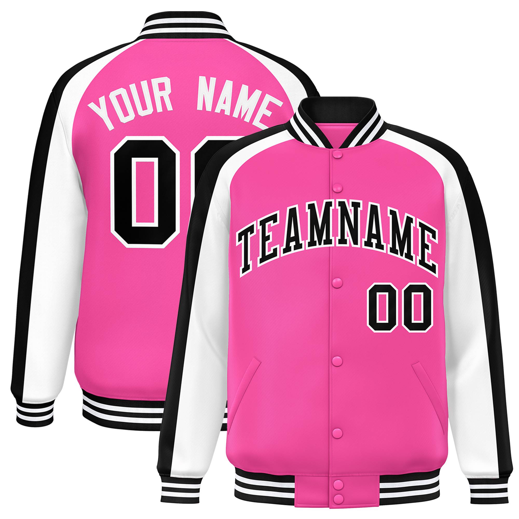 Custom Pink White Varsity Full-Snap Color Block Personalized Raglan Sleeves Letterman Jacket