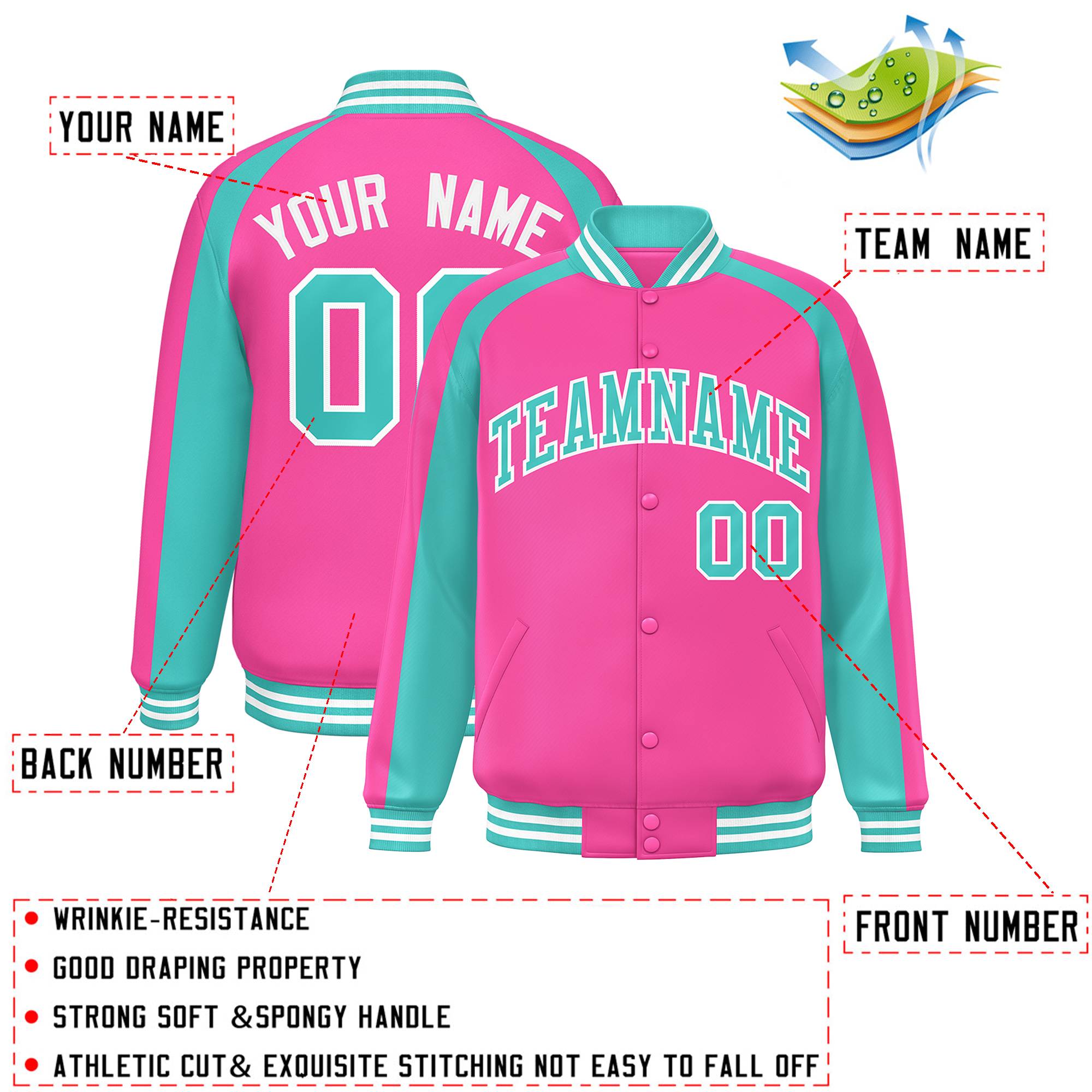 Custom Pink Neon Green Varsity Full-Snap Color Block Personalized Raglan Sleeves Letterman Jacket