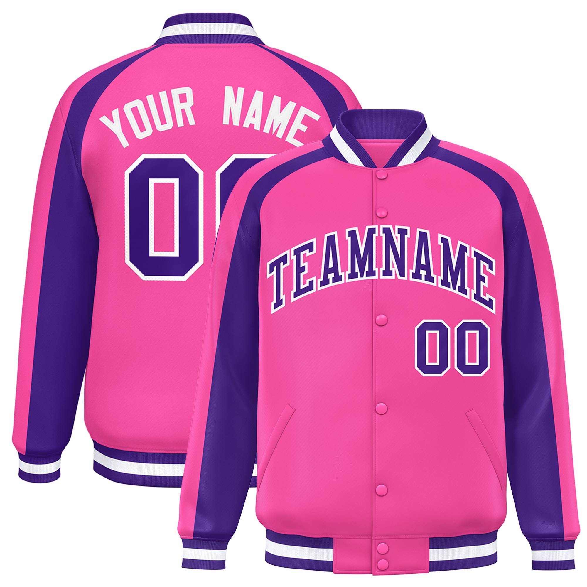 Custom Pink Purple Varsity Full-Snap Color Block Personalized Raglan Sleeves Letterman Jacket