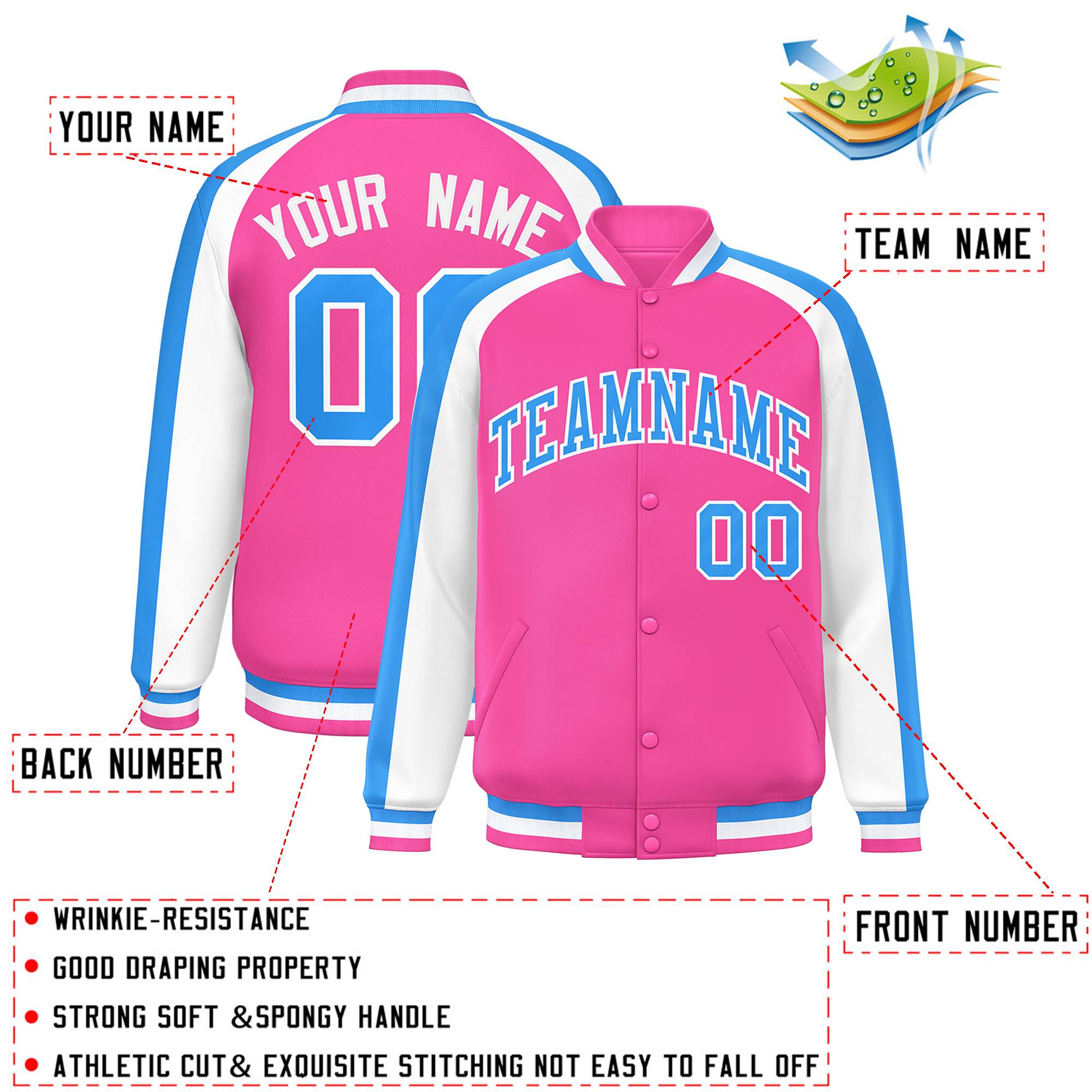 Custom Pink White Varsity Full-Snap Color Block Personalized Raglan Sleeves Letterman Jacket