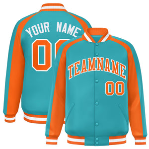 Custom Aqua Orange Varsity Full-Snap Color Block Personalized Raglan Sleeves Letterman Jacket