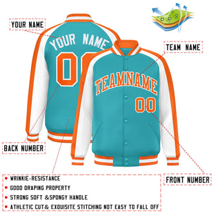 Custom Aqua White Varsity Full-Snap Color Block Personalized Raglan Sleeves Letterman Jacket