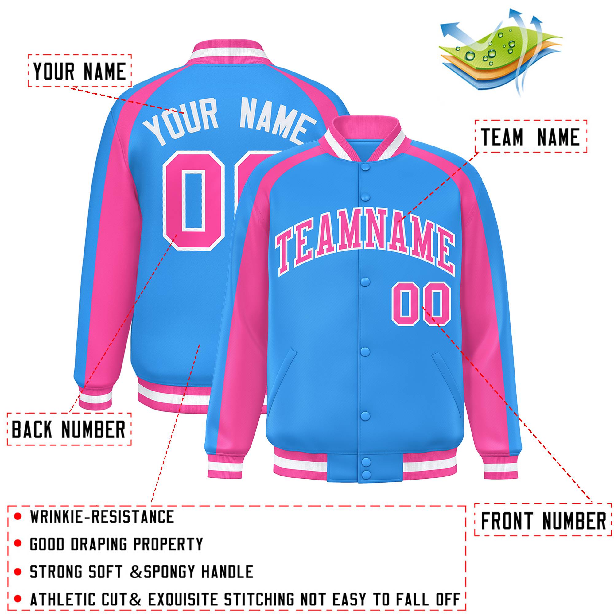 Custom Powder Blue Pink Varsity Full-Snap Color Block Personalized Raglan Sleeves Letterman Jacket