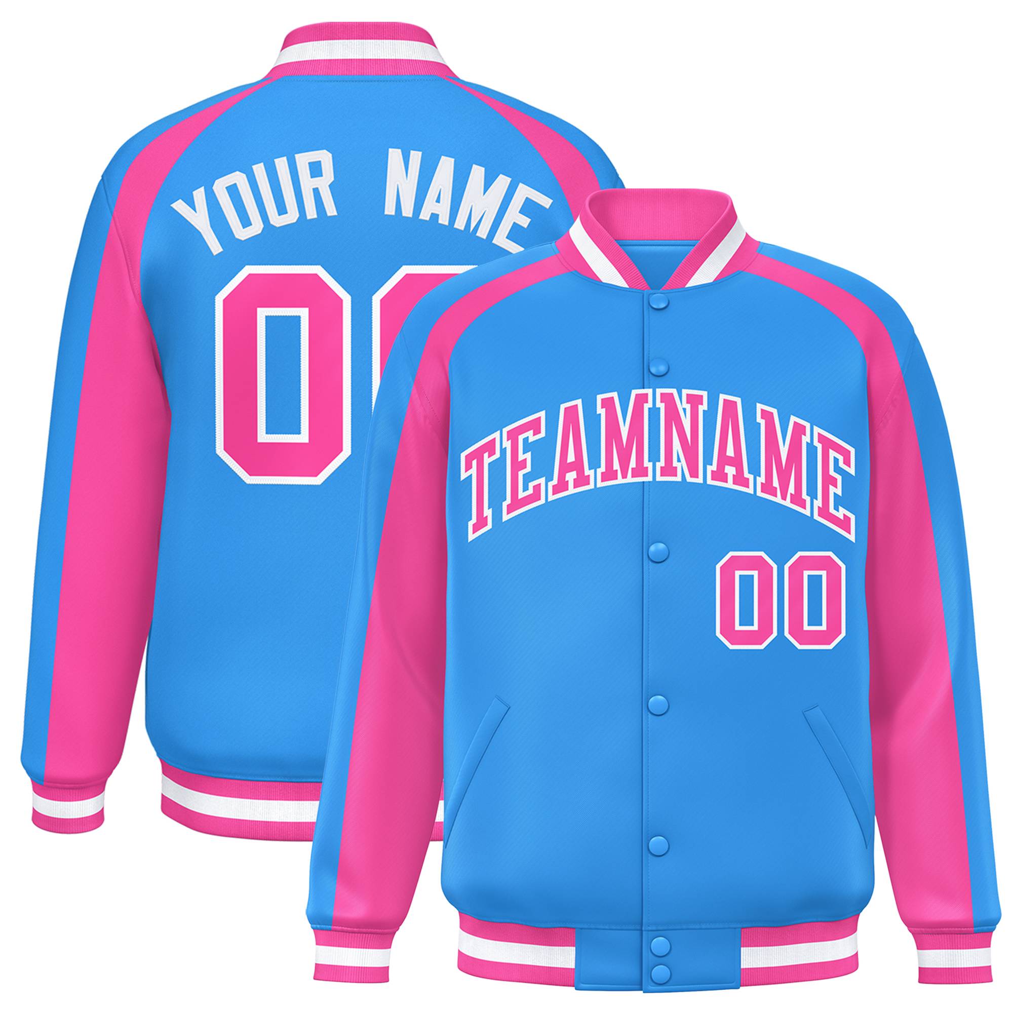 Custom Powder Blue Pink Varsity Full-Snap Color Block Personalized Raglan Sleeves Letterman Jacket