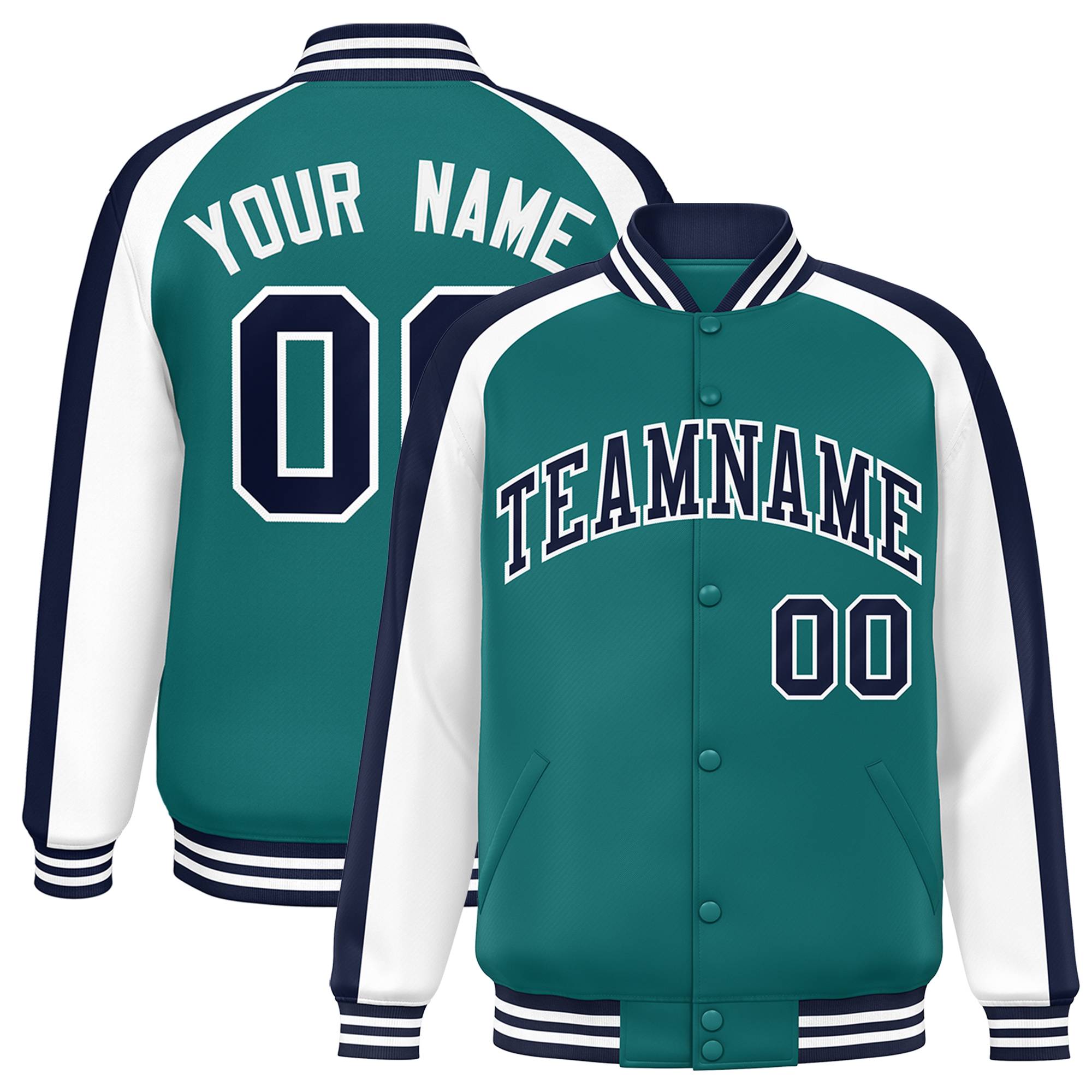 Custom Aqua White Varsity Full-Snap Color Block Personalized Raglan Sleeves Letterman Jacket