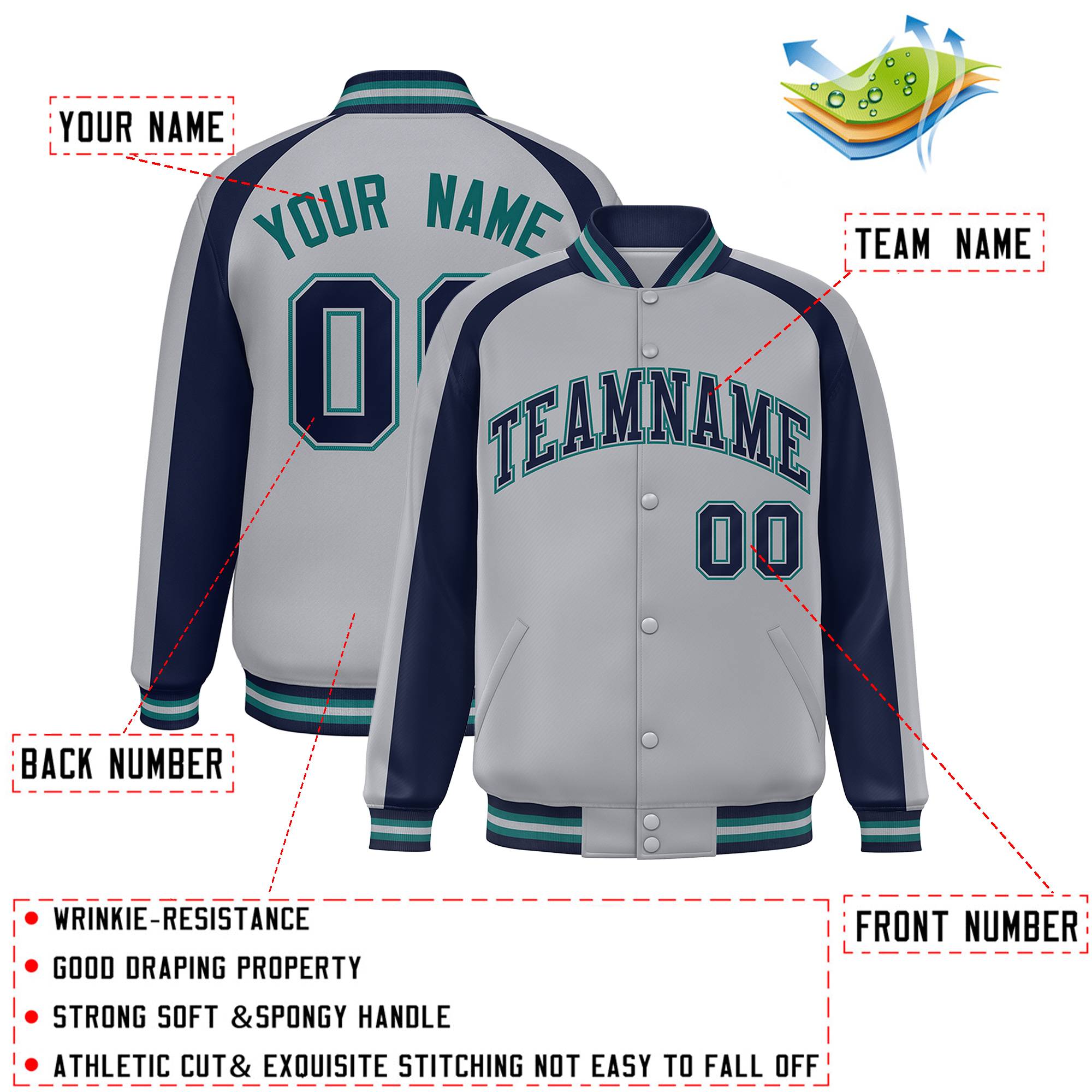 Custom Gray Navy Varsity Full-Snap Color Block Personalized Raglan Sleeves Letterman Jacket