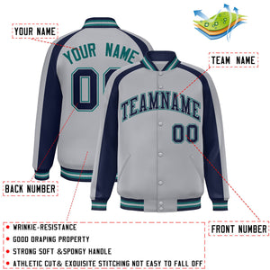 Custom Gray Navy Varsity Full-Snap Color Block Personalized Raglan Sleeves Letterman Jacket