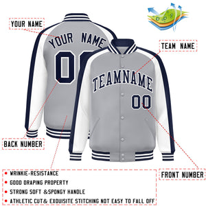 Custom Gray White Varsity Full-Snap Color Block Personalized Raglan Sleeves Letterman Jacket