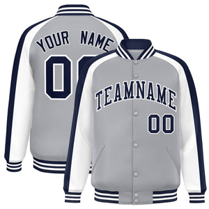 Custom Gray White Varsity Full-Snap Color Block Personalized Raglan Sleeves Letterman Jacket