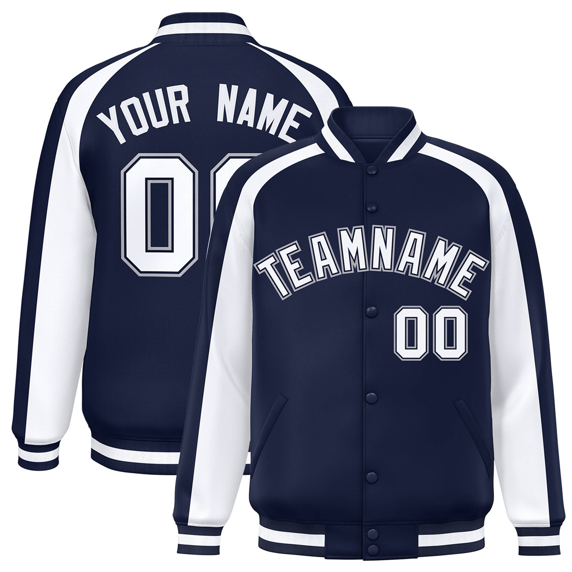 Custom Navy White Varsity Full-Snap Color Block Personalized Raglan Sleeves Letterman Jacket