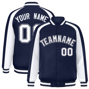 Custom Navy White Varsity Full-Snap Color Block Personalized Raglan Sleeves Letterman Jacket