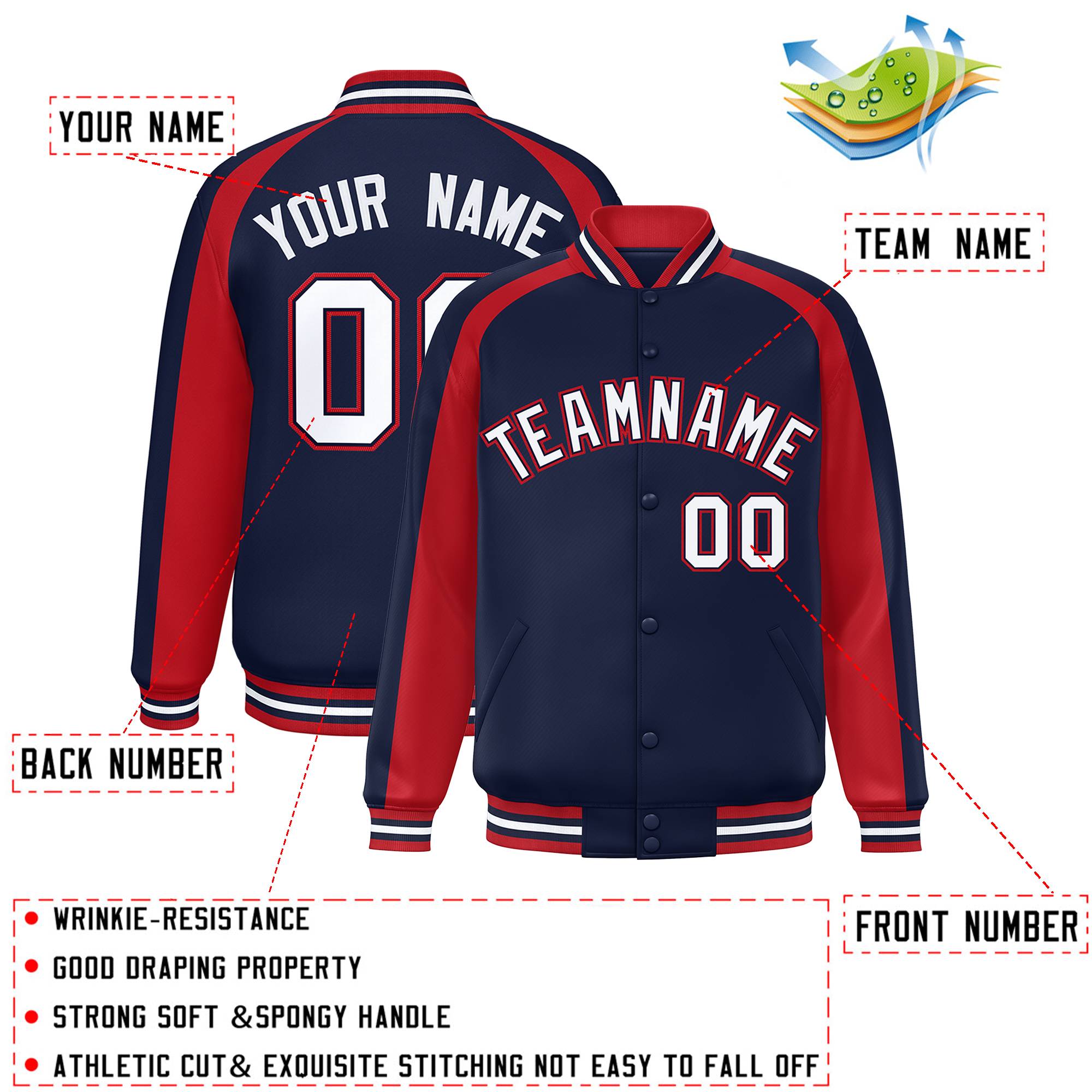 Custom Navy Red Varsity Full-Snap Color Block Personalized Raglan Sleeves Letterman Jacket