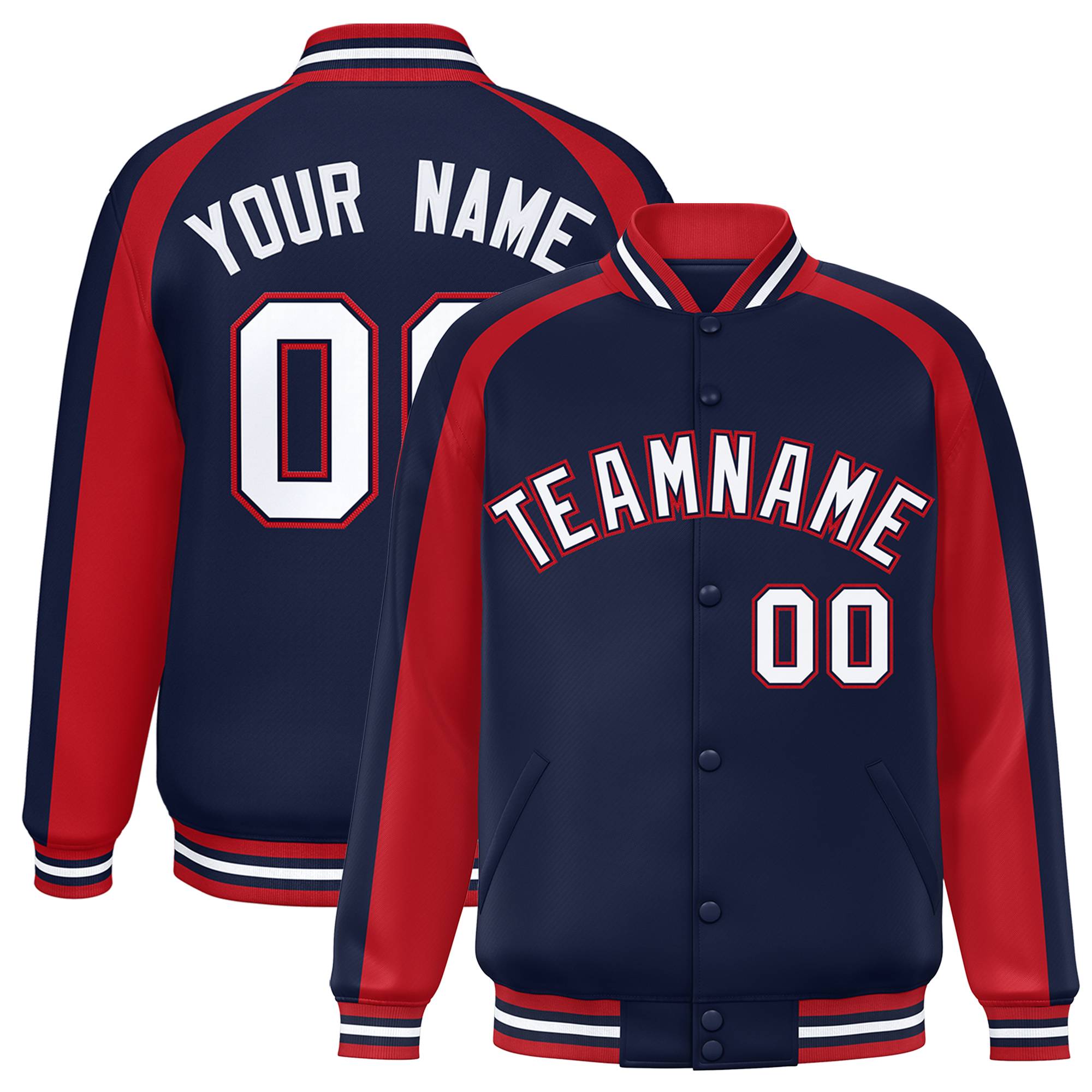 Custom Navy Red Varsity Full-Snap Color Block Personalized Raglan Sleeves Letterman Jacket