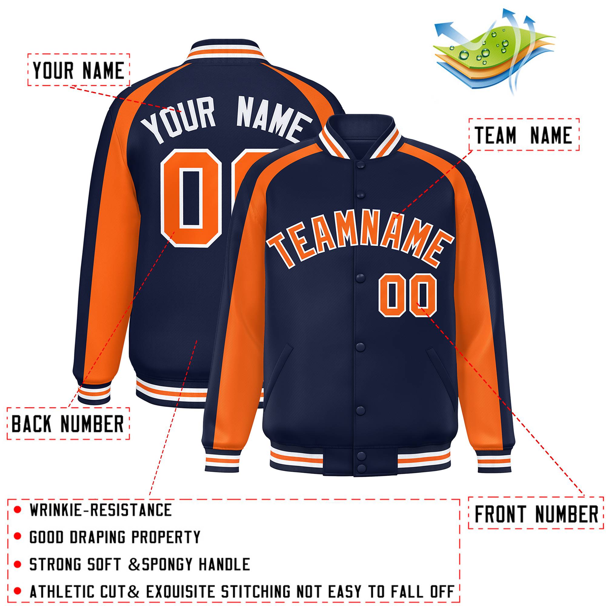 Custom Navy Orange Varsity Full-Snap Color Block Personalized Raglan Sleeves Letterman Jacket