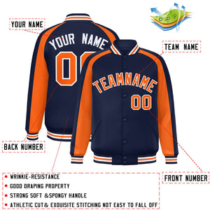 Custom Navy Orange Varsity Full-Snap Color Block Personalized Raglan Sleeves Letterman Jacket