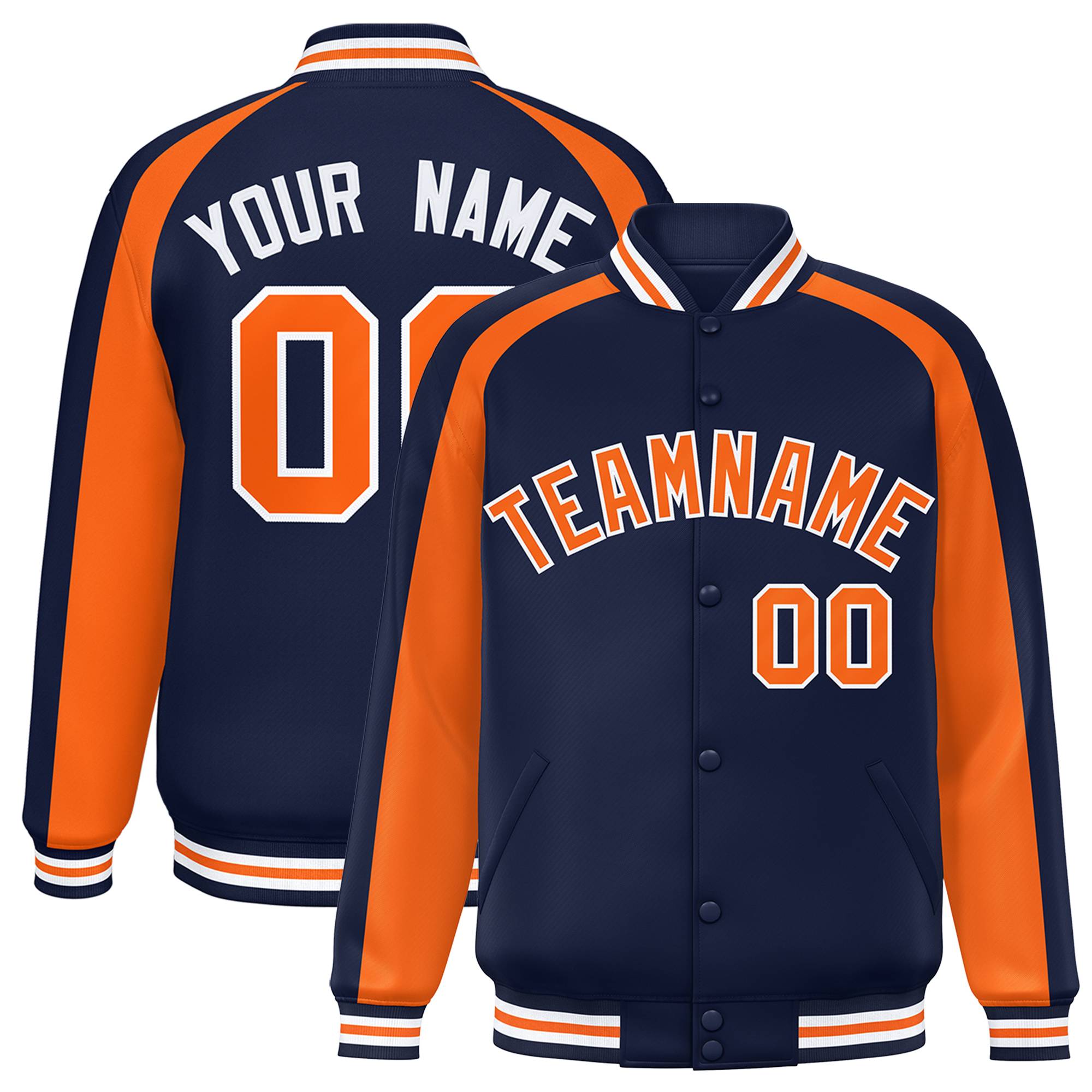 Custom Navy Orange Varsity Full-Snap Color Block Personalized Raglan Sleeves Letterman Jacket