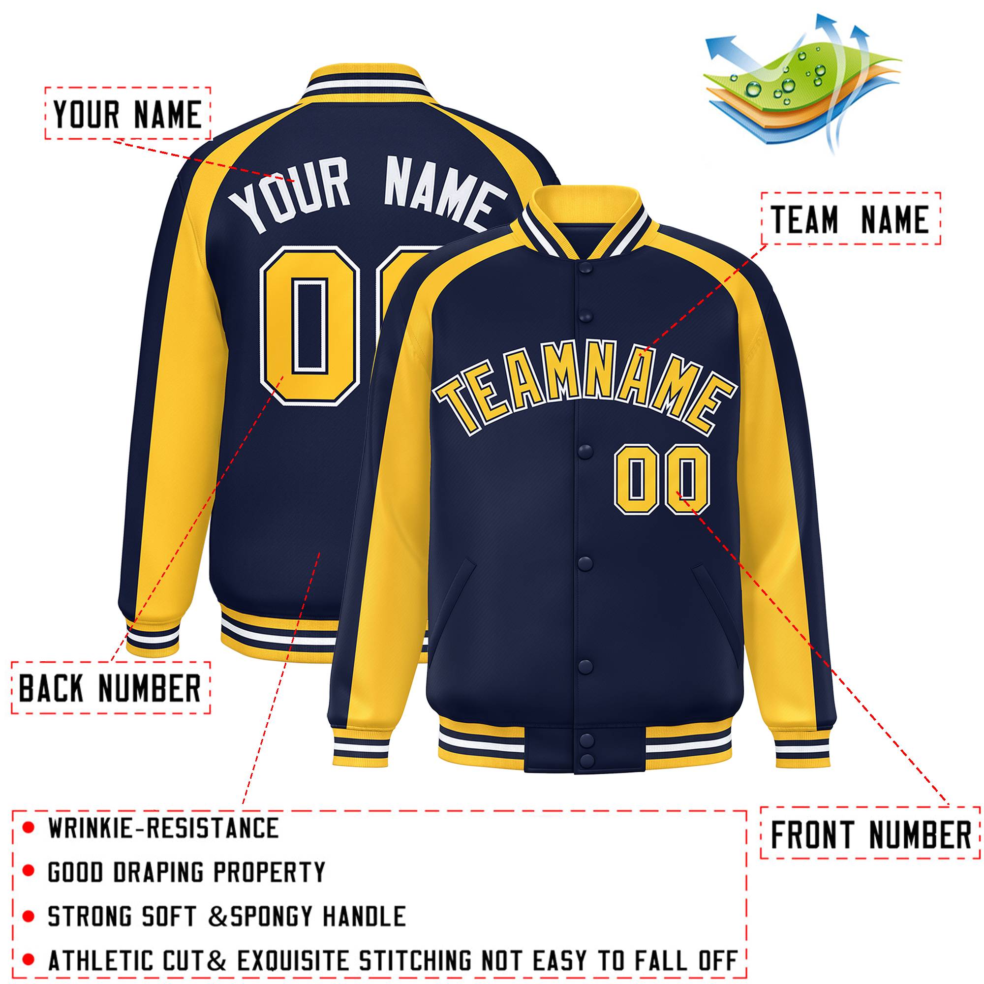 Custom Navy Gold Varsity Full-Snap Color Block Personalized Raglan Sleeves Letterman Jacket