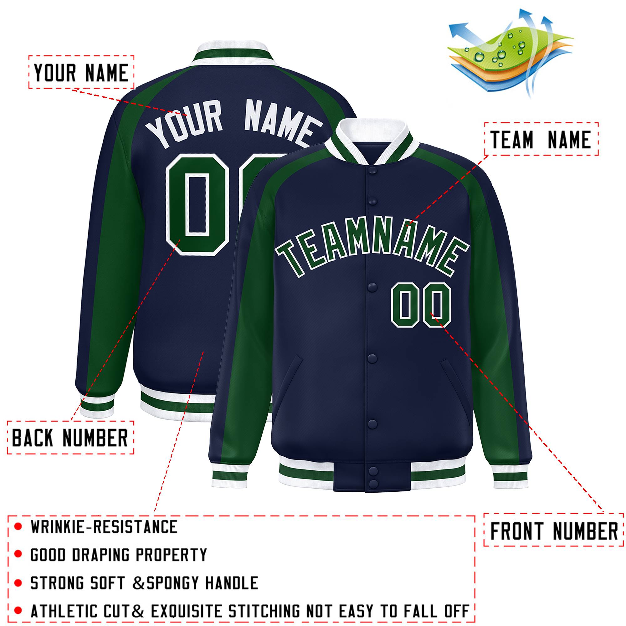 Custom Navy Green Varsity Full-Snap Color Block Personalized Raglan Sleeves Letterman Jacket