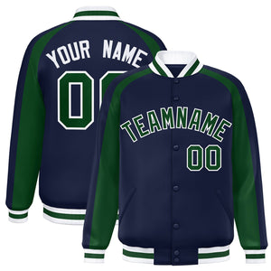 Custom Navy Green Varsity Full-Snap Color Block Personalized Raglan Sleeves Letterman Jacket