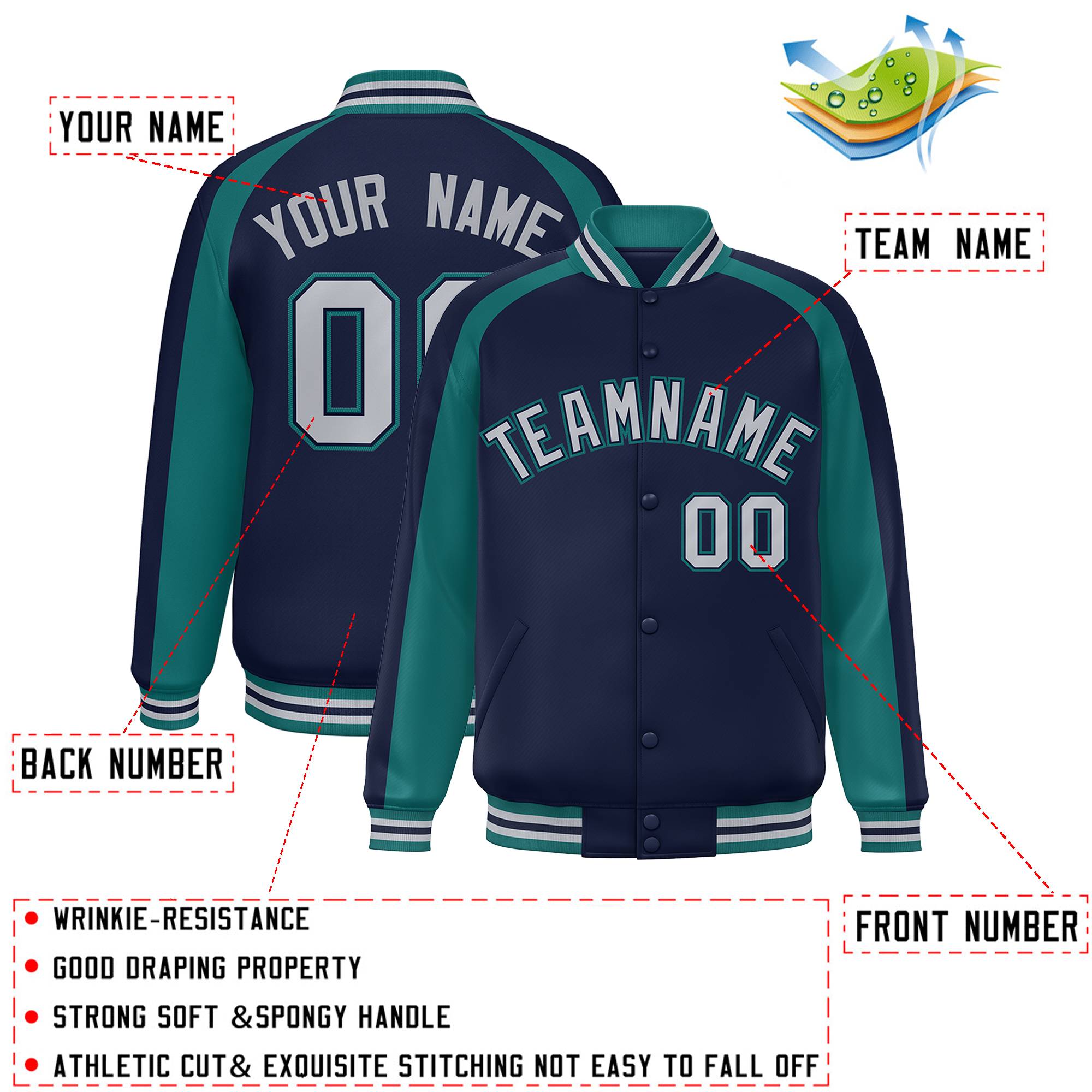 Custom Navy Aqua Varsity Full-Snap Color Block Personalized Raglan Sleeves Letterman Jacket