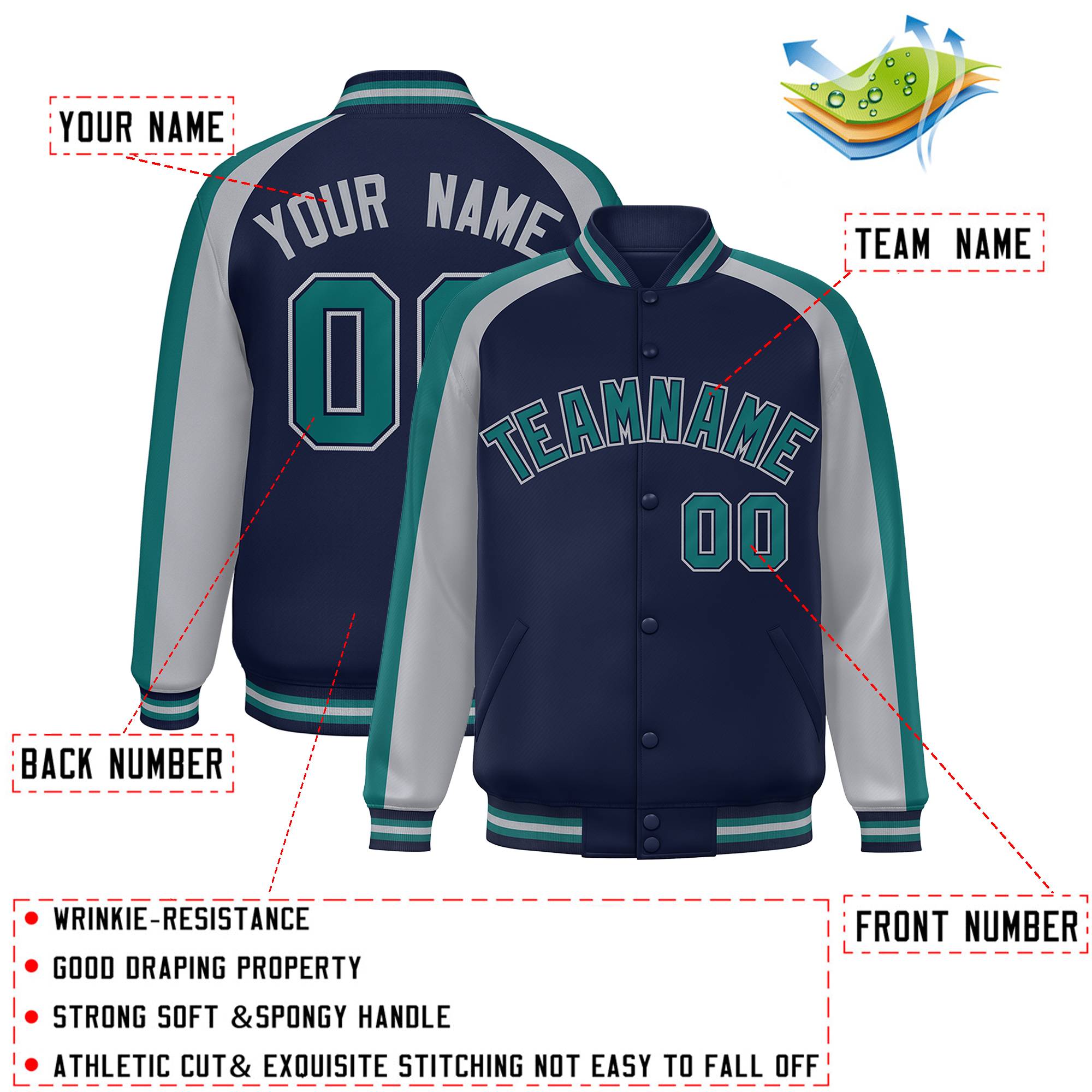 Custom Navy Gray Varsity Full-Snap Color Block Personalized Raglan Sleeves Letterman Jacket