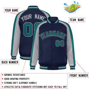 Custom Navy Gray Varsity Full-Snap Color Block Personalized Raglan Sleeves Letterman Jacket