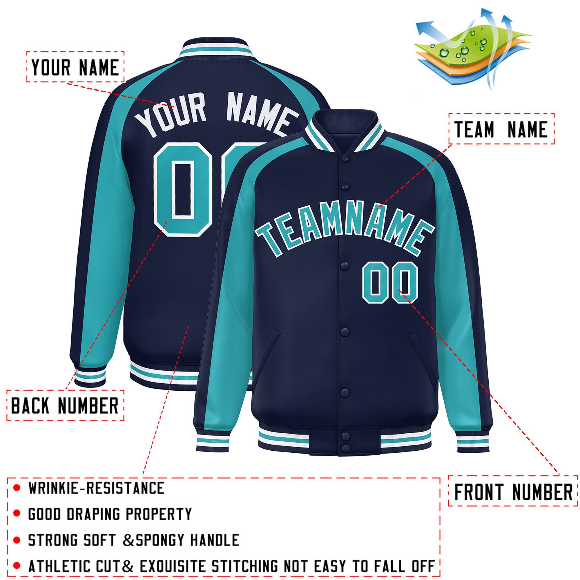 Custom Navy Aqua Varsity Full-Snap Color Block Personalized Raglan Sleeves Letterman Jacket