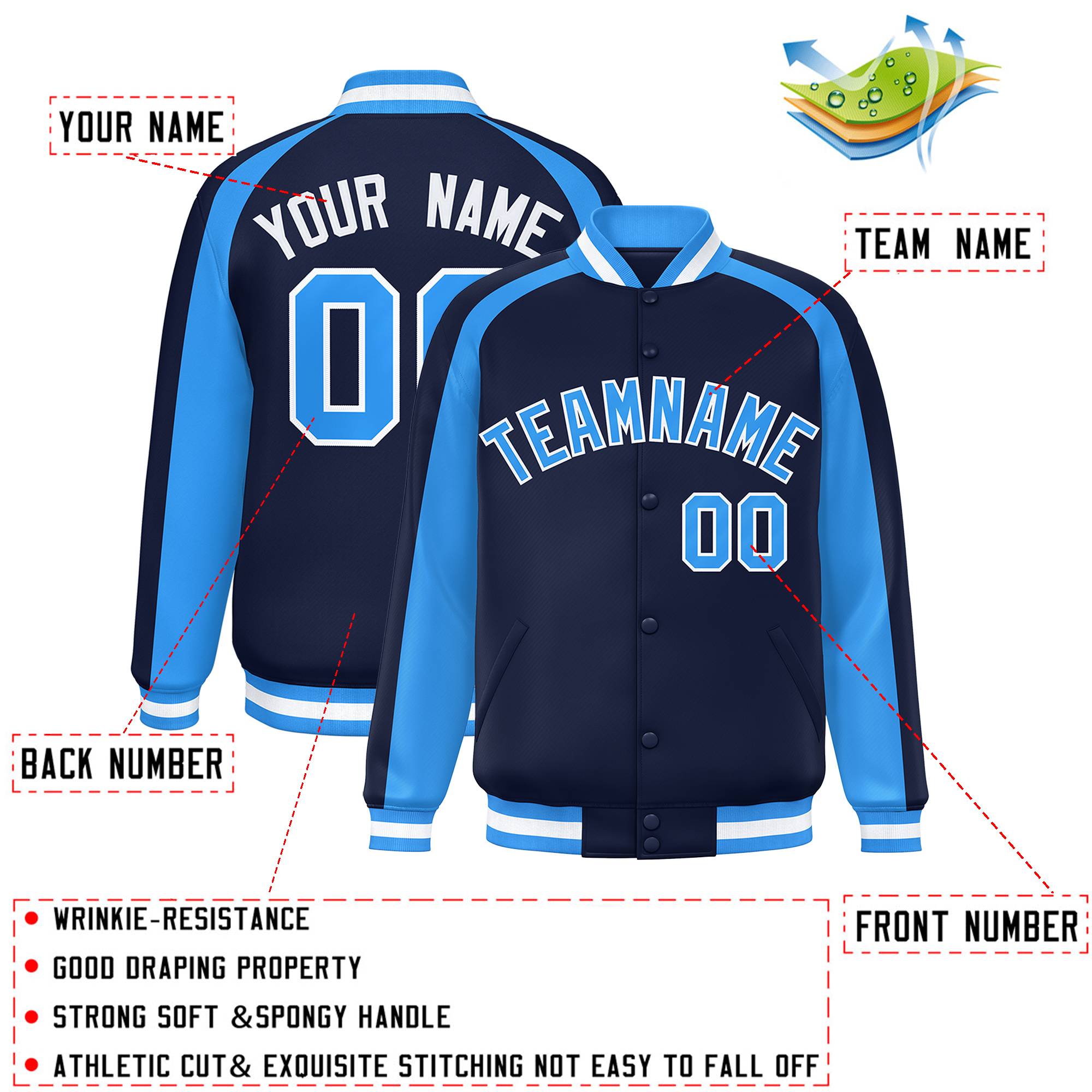 Custom Navy Powder Blue Varsity Full-Snap Color Block Personalized Raglan Sleeves Letterman Jacket