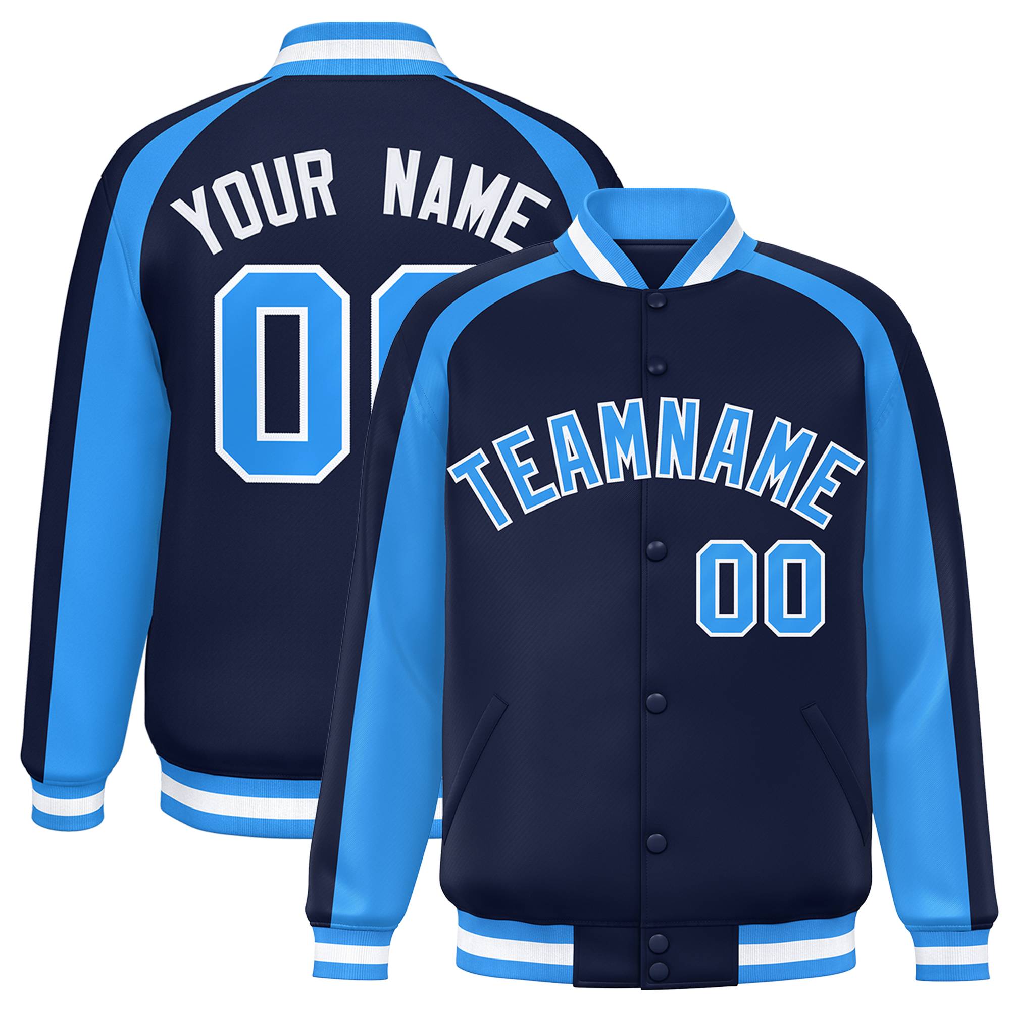 Custom Navy Powder Blue Varsity Full-Snap Color Block Personalized Raglan Sleeves Letterman Jacket