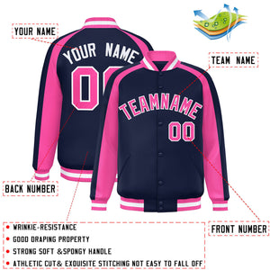 Custom Navy Pink Varsity Full-Snap Color Block Personalized Raglan Sleeves Letterman Jacket