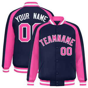 Custom Navy Pink Varsity Full-Snap Color Block Personalized Raglan Sleeves Letterman Jacket