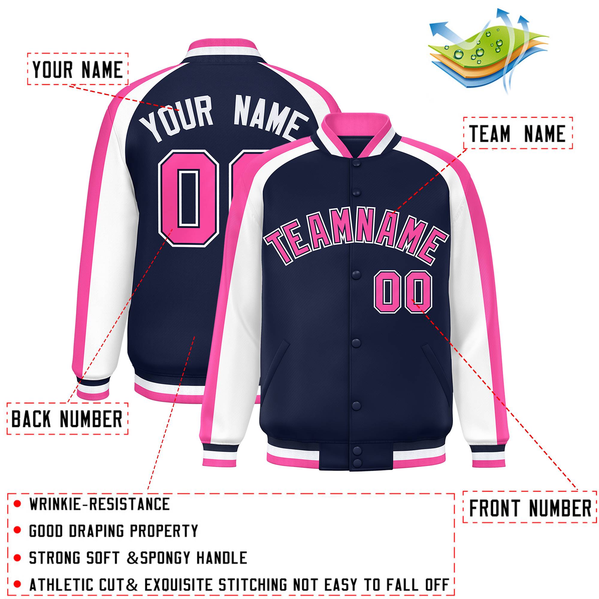 Custom Navy White Varsity Full-Snap Color Block Personalized Raglan Sleeves Letterman Jacket