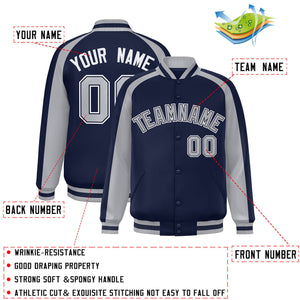 Custom Navy Gray Varsity Full-Snap Color Block Personalized Raglan Sleeves Letterman Jacket