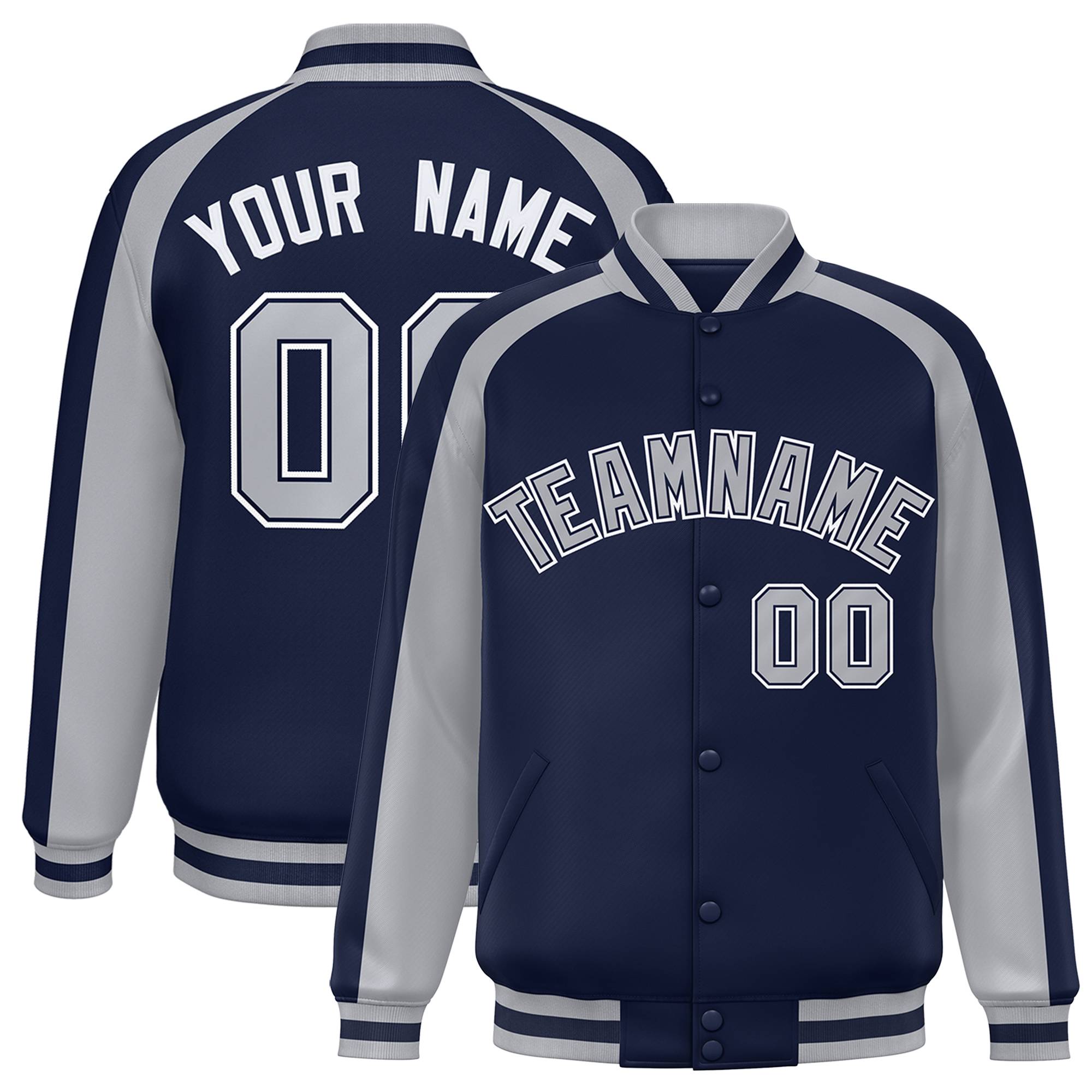 Custom Navy Gray Varsity Full-Snap Color Block Personalized Raglan Sleeves Letterman Jacket