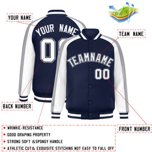 Custom Navy White Varsity Full-Snap Color Block Personalized Raglan Sleeves Letterman Jacket