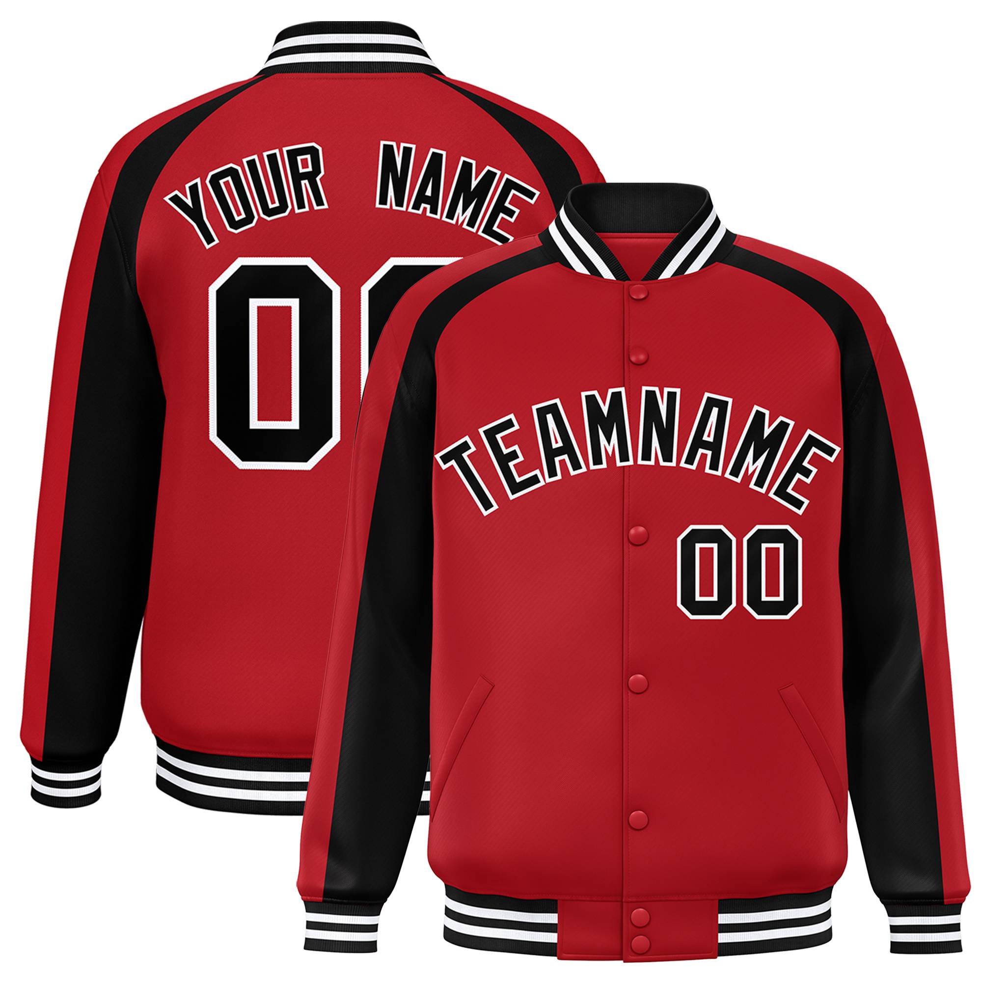 Custom Red Black Varsity Full-Snap Color Block Personalized Raglan Sleeves Letterman Jacket