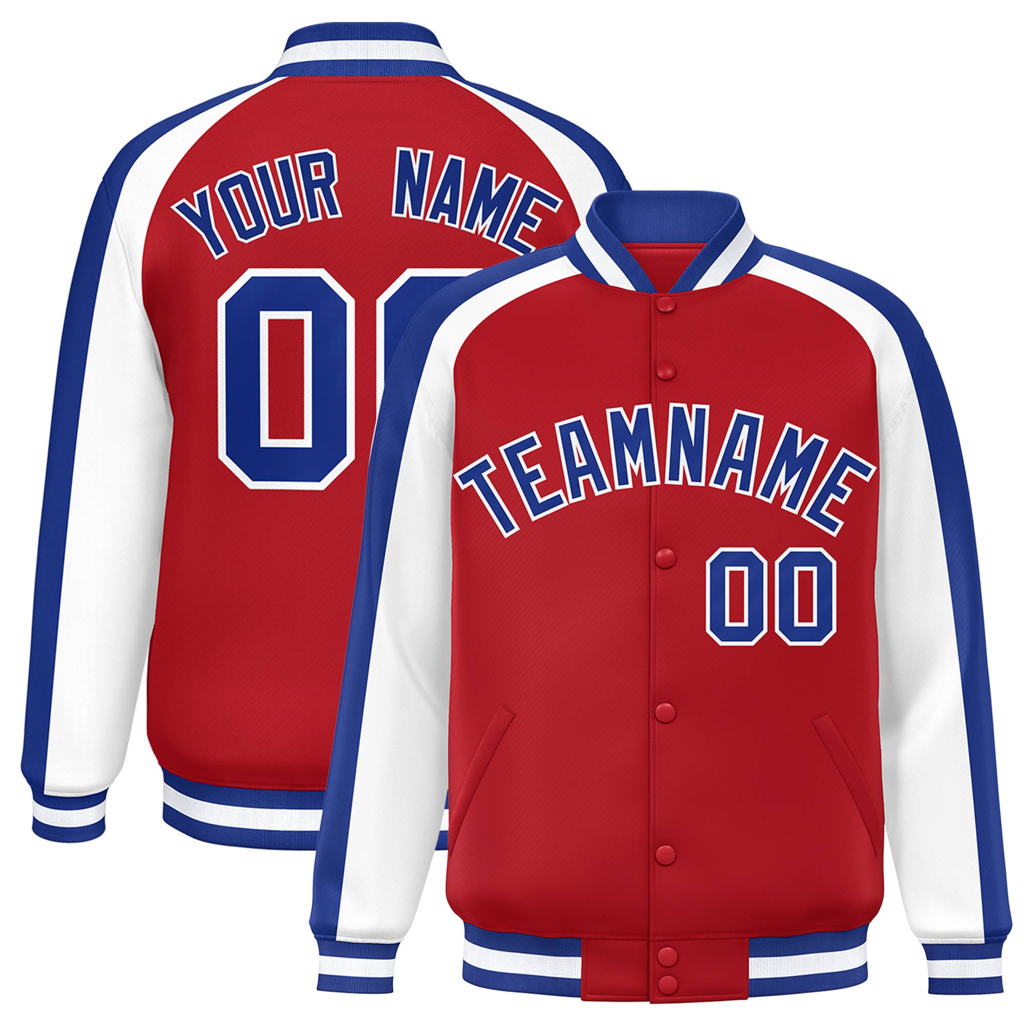 Custom Red White Varsity Full-Snap Color Block Personalized Raglan Sleeves Letterman Jacket