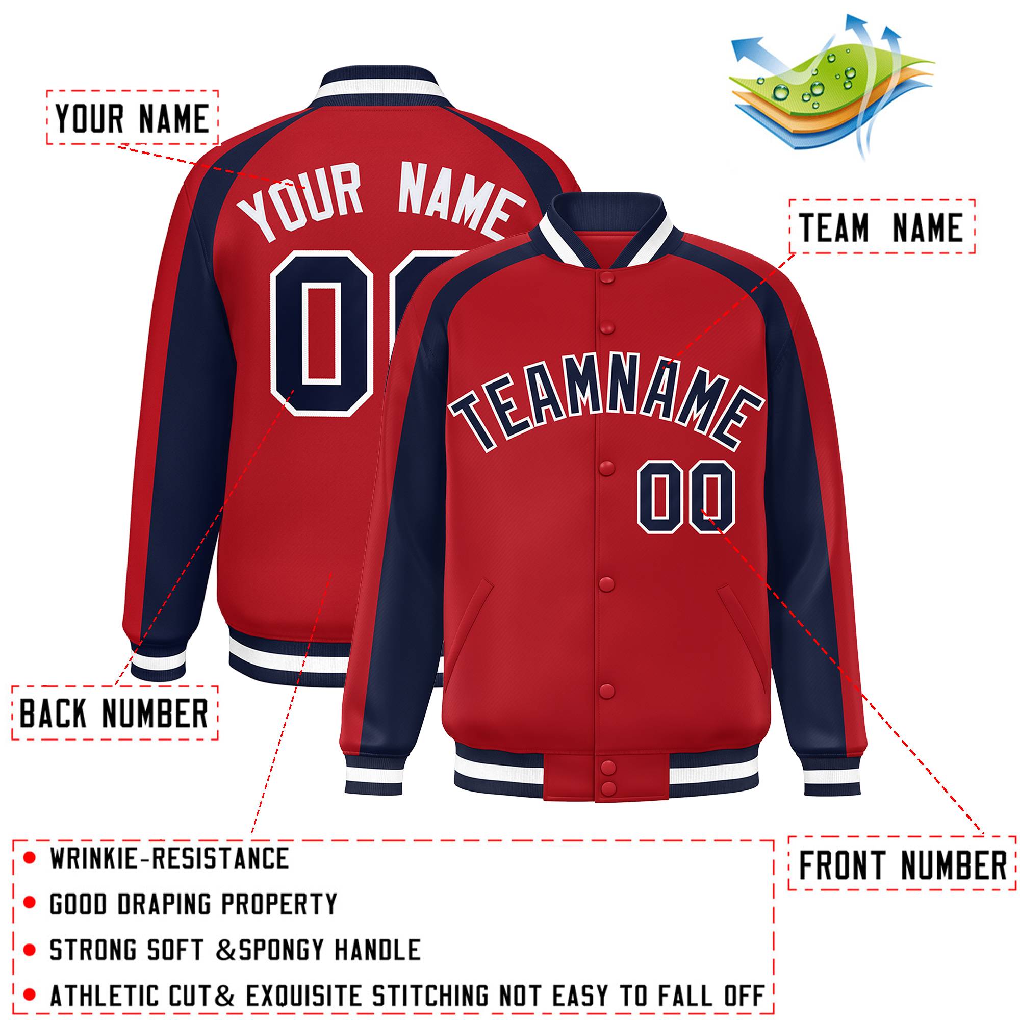 Custom Red Navy Varsity Full-Snap Color Block Personalized Raglan Sleeves Letterman Jacket