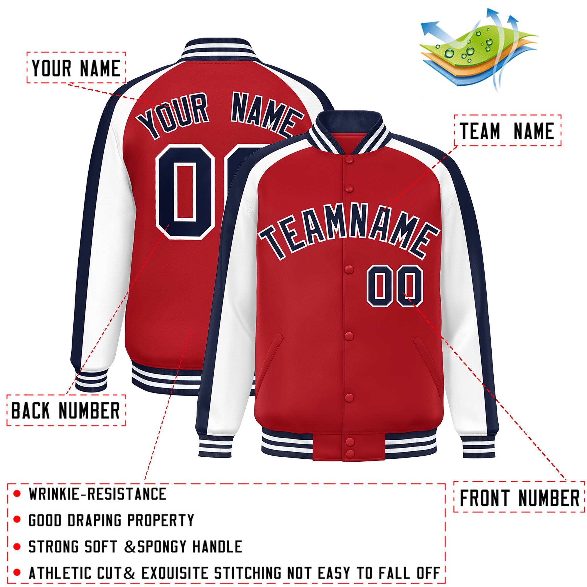 Custom Red White Varsity Full-Snap Color Block Personalized Raglan Sleeves Letterman Jacket