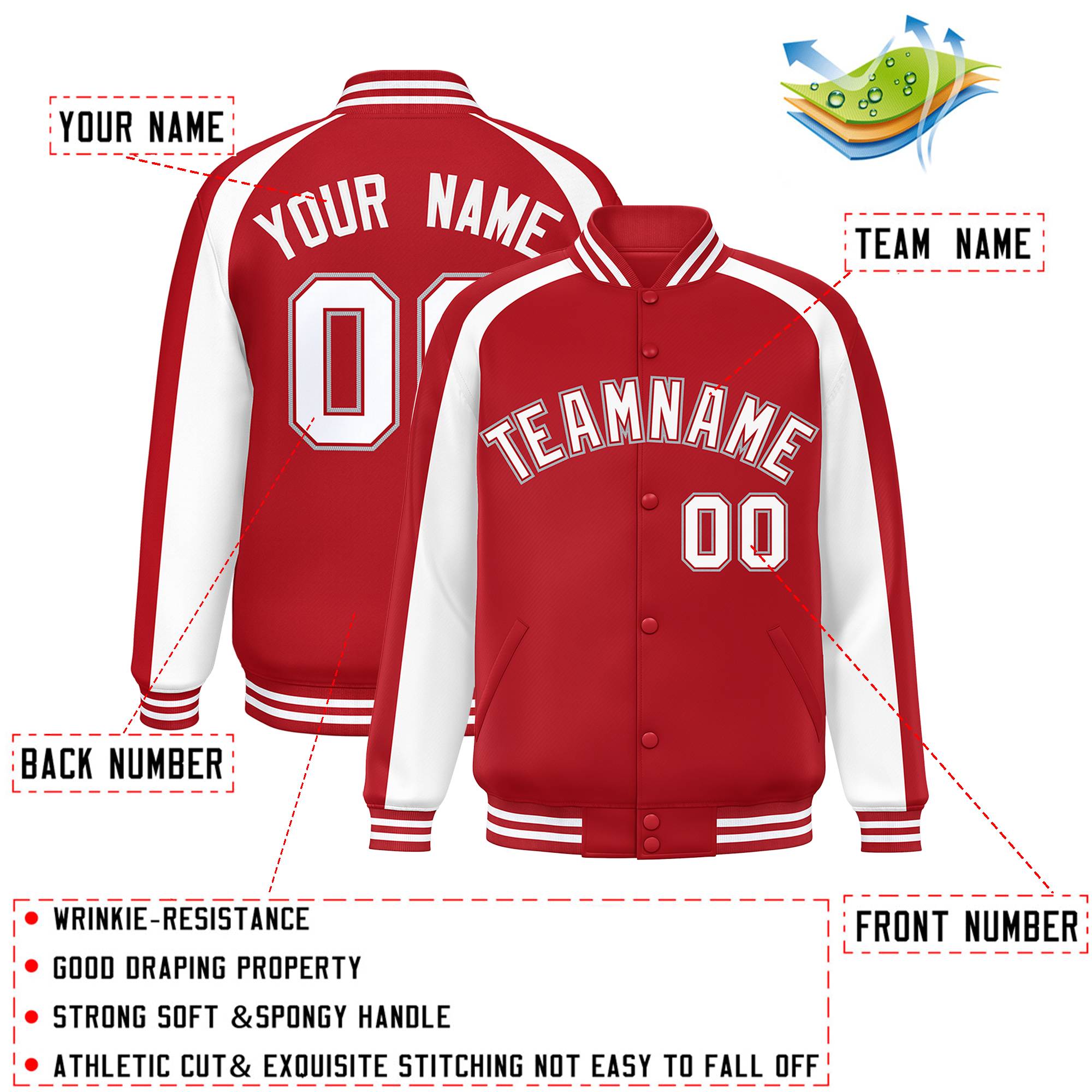 Custom Red White Varsity Full-Snap Color Block Personalized Raglan Sleeves Letterman Jacket