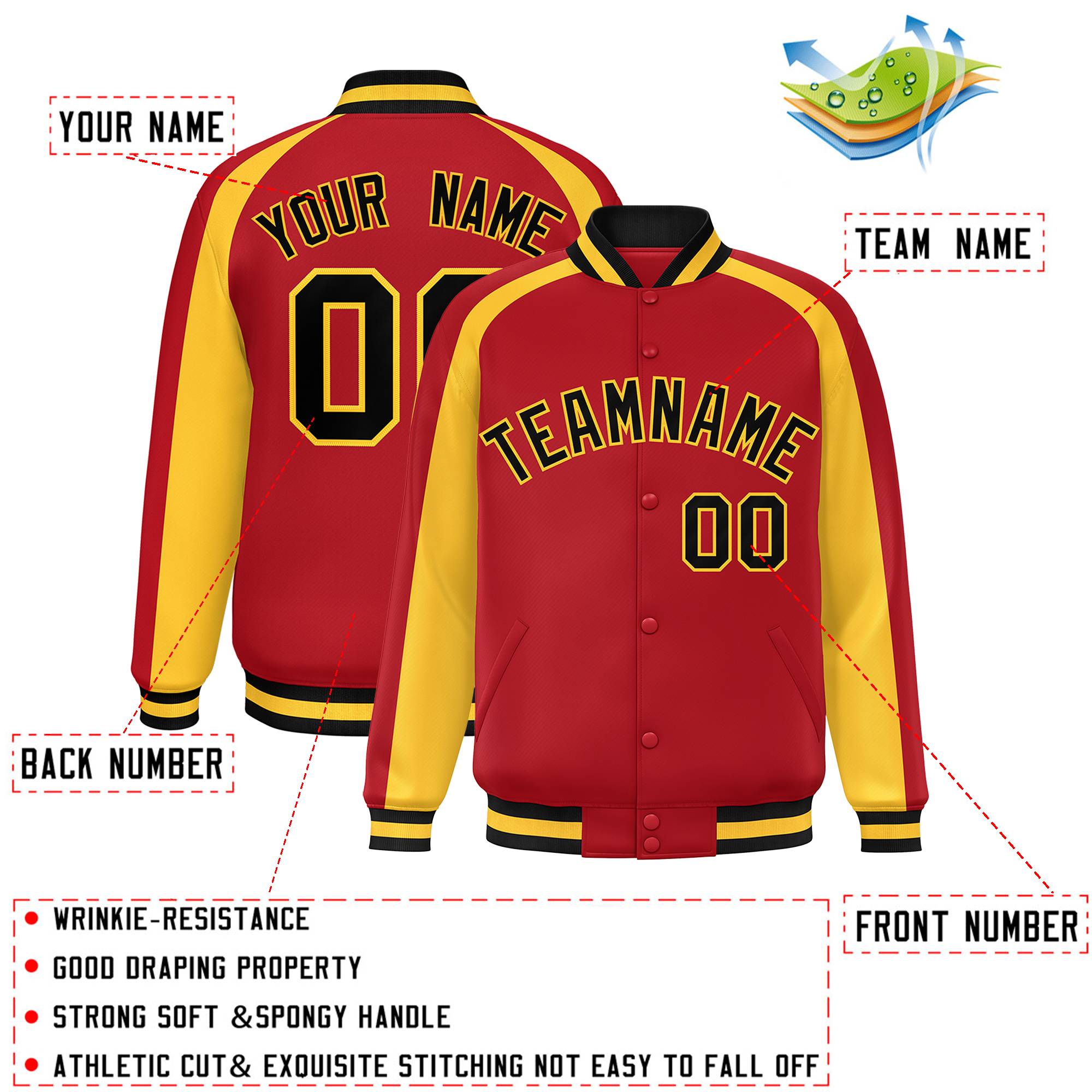 Custom Red Gold Varsity Full-Snap Color Block Personalized Raglan Sleeves Letterman Jacket