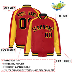 Custom Red Gold Varsity Full-Snap Color Block Personalized Raglan Sleeves Letterman Jacket