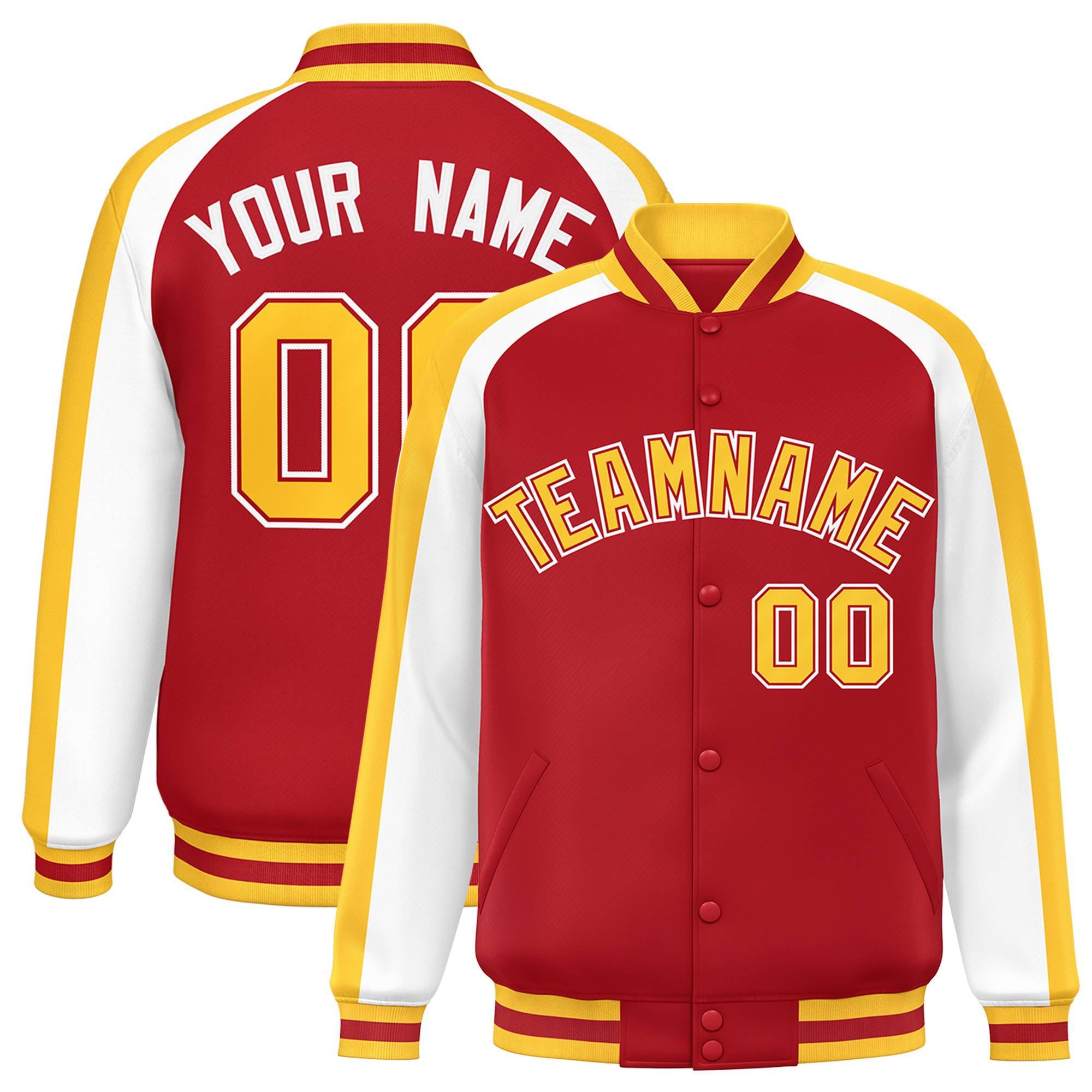 Custom Red White Varsity Full-Snap Color Block Personalized Raglan Sleeves Letterman Jacket