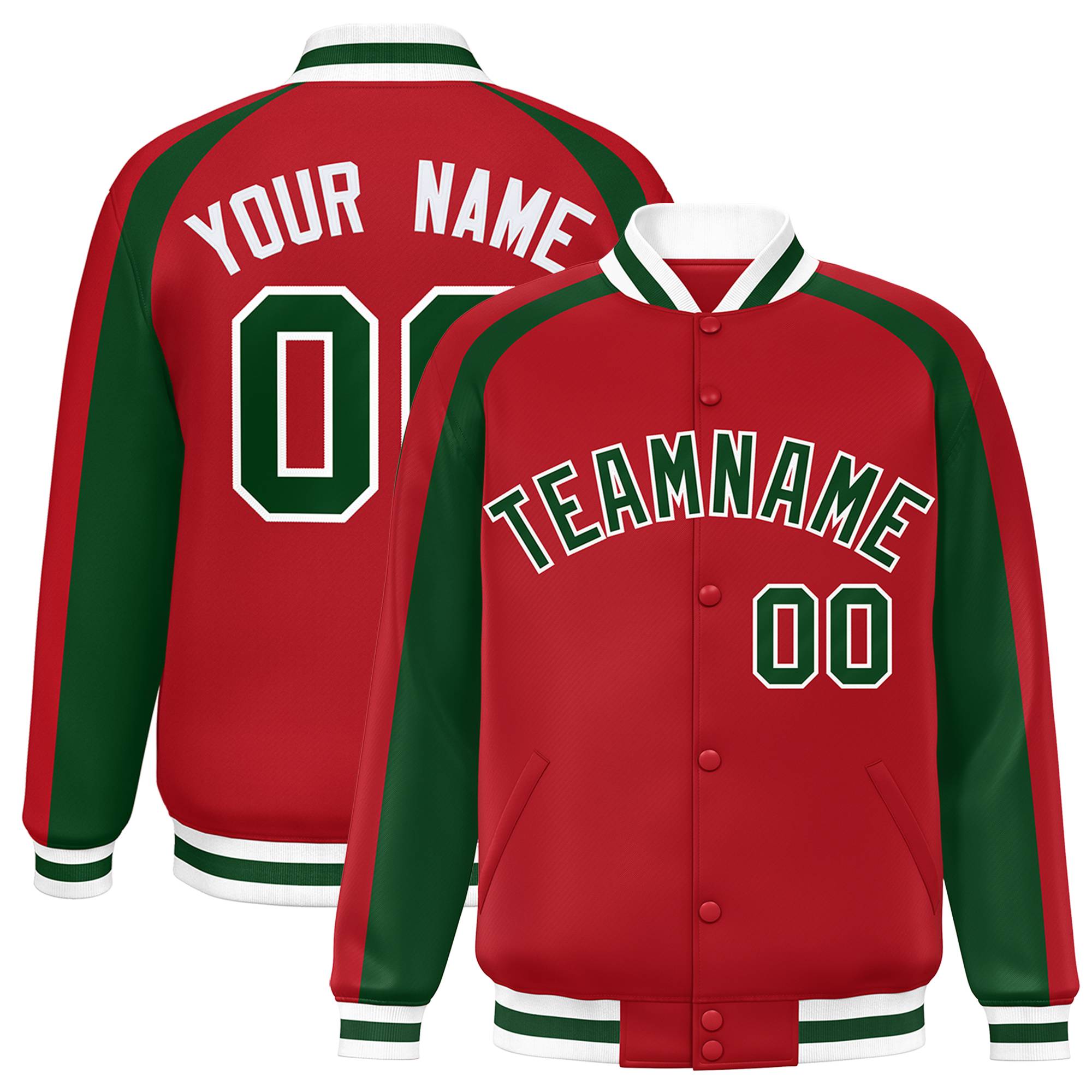 Custom Red Green Varsity Full-Snap Color Block Personalized Raglan Sleeves Letterman Jacket