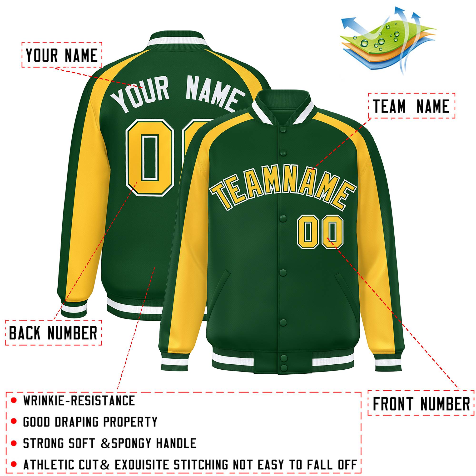 Custom Green Gold Varsity Full-Snap Color Block Personalized Raglan Sleeves Letterman Jacket