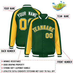 Custom Green Gold Varsity Full-Snap Color Block Personalized Raglan Sleeves Letterman Jacket