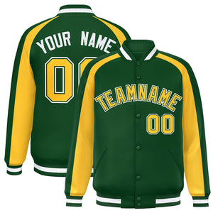 Custom Green Gold Varsity Full-Snap Color Block Personalized Raglan Sleeves Letterman Jacket