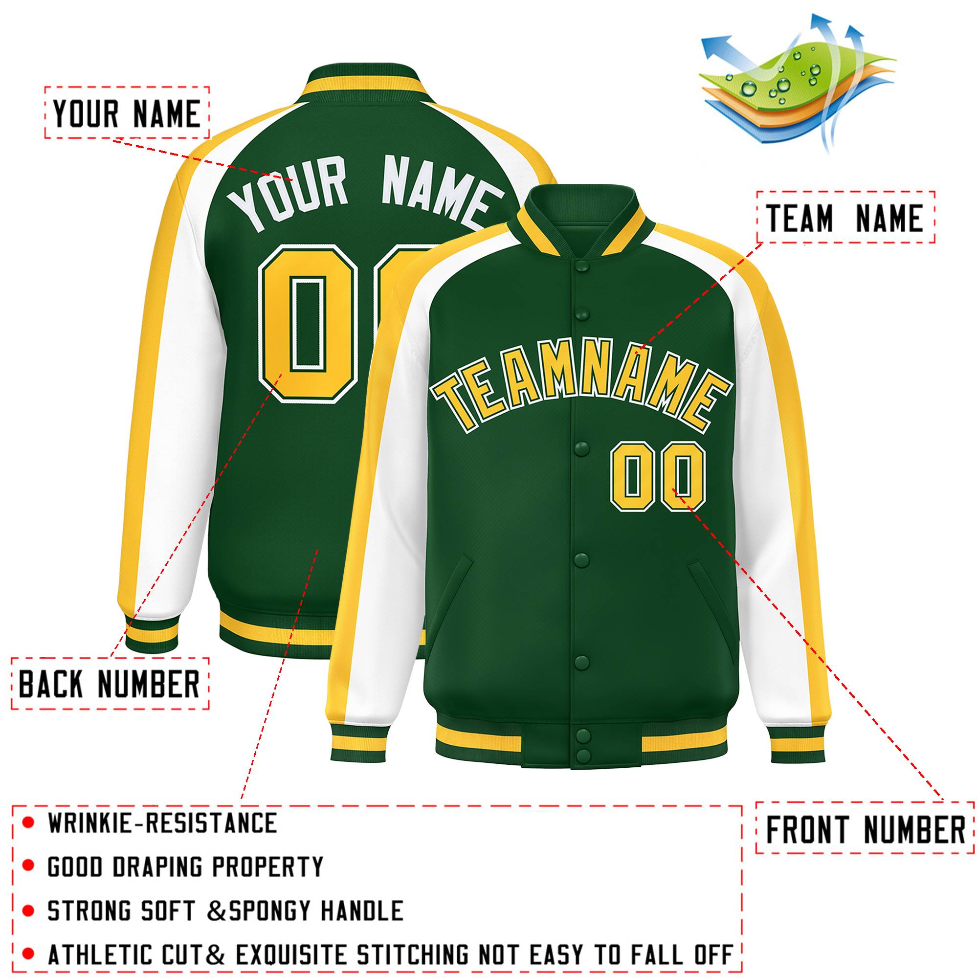 Custom Green White Varsity Full-Snap Color Block Personalized Raglan Sleeves Letterman Jacket