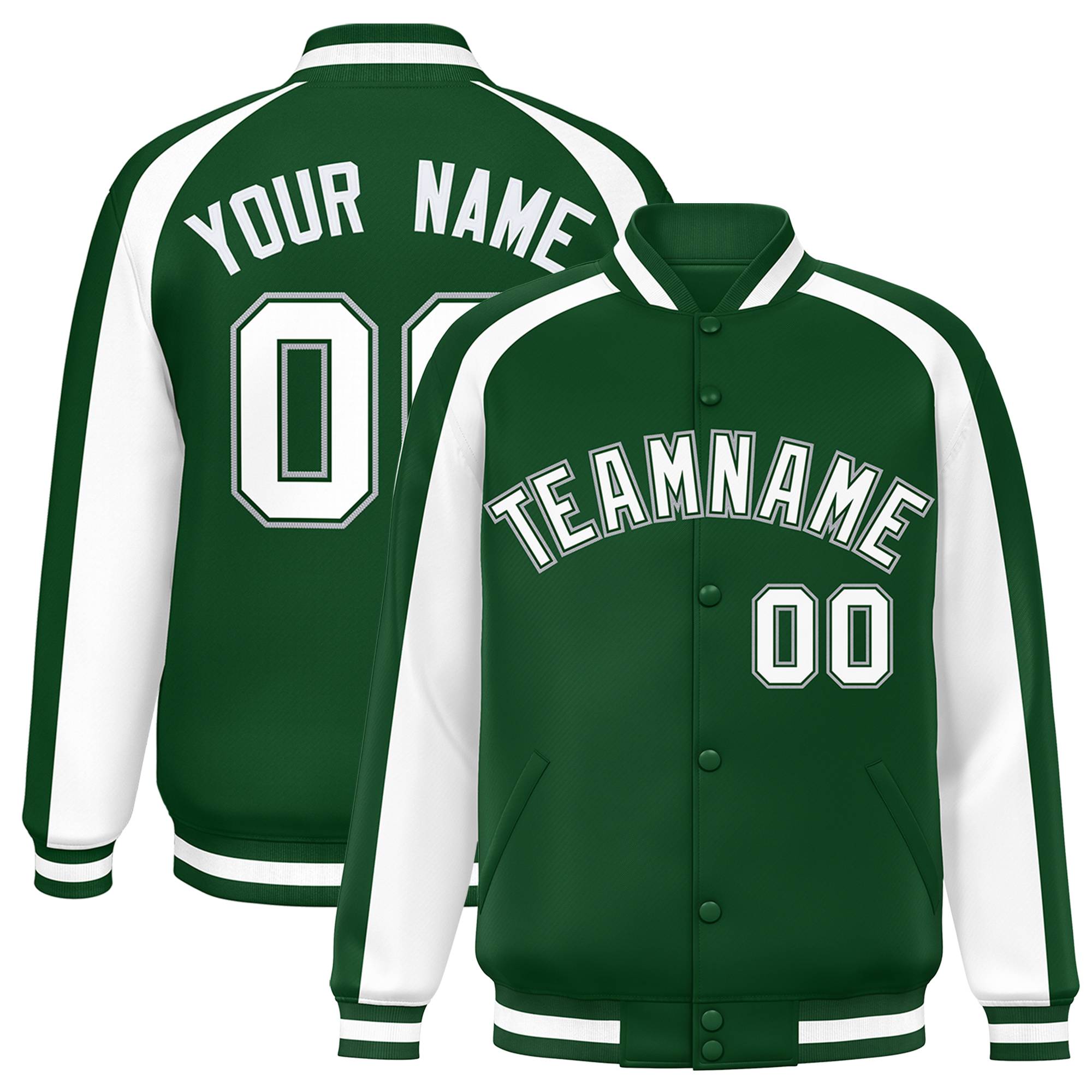 Custom Green White Varsity Full-Snap Color Block Personalized Raglan Sleeves Letterman Jacket