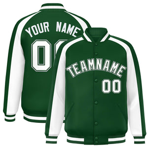 Custom Green White Varsity Full-Snap Color Block Personalized Raglan Sleeves Letterman Jacket